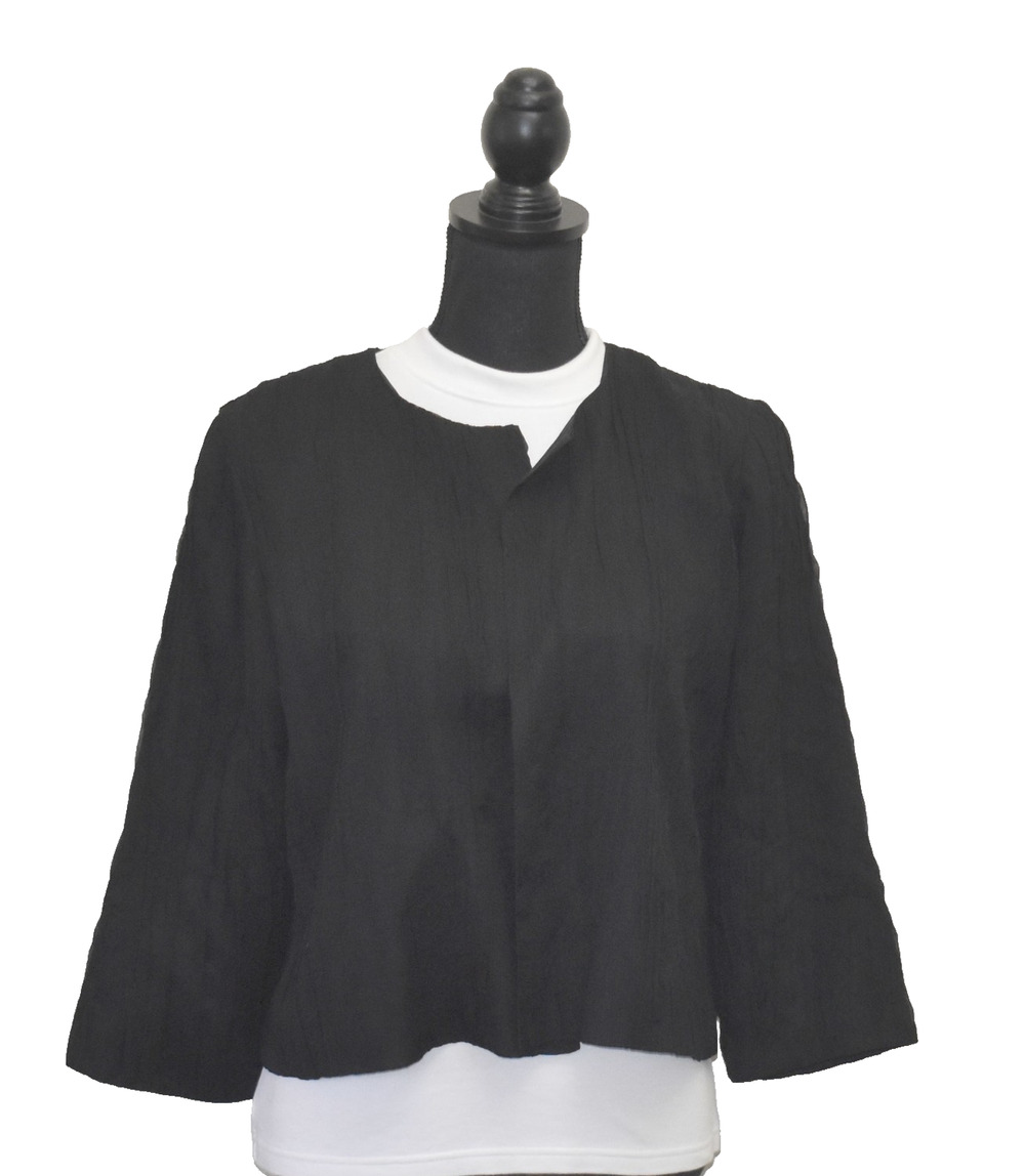 A5 Auth EILEEN FISHER Black 100% Silk Open Front Petite Jacket Size PL